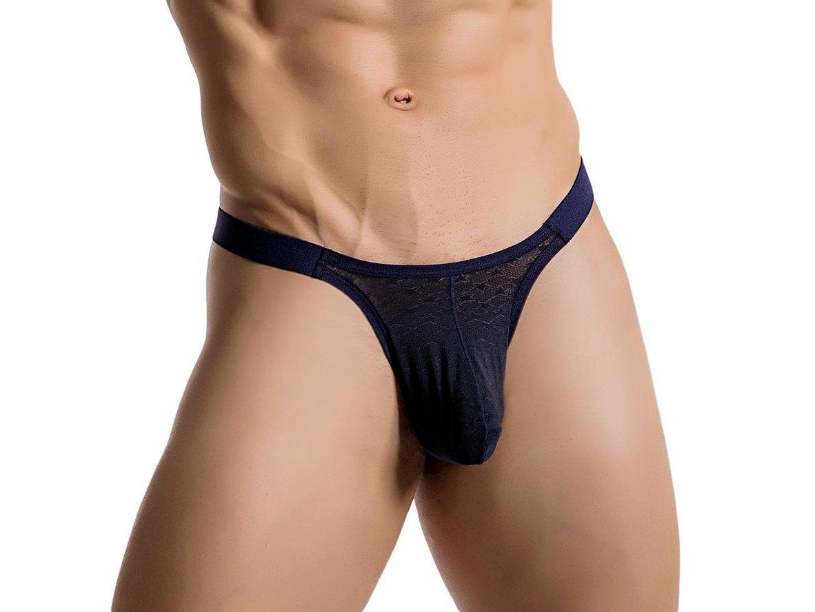 Navy blue mesh front panel men's thong with solid waistband