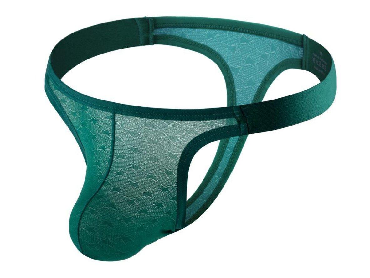 Green star pattern sheer mesh men's thong flat lay