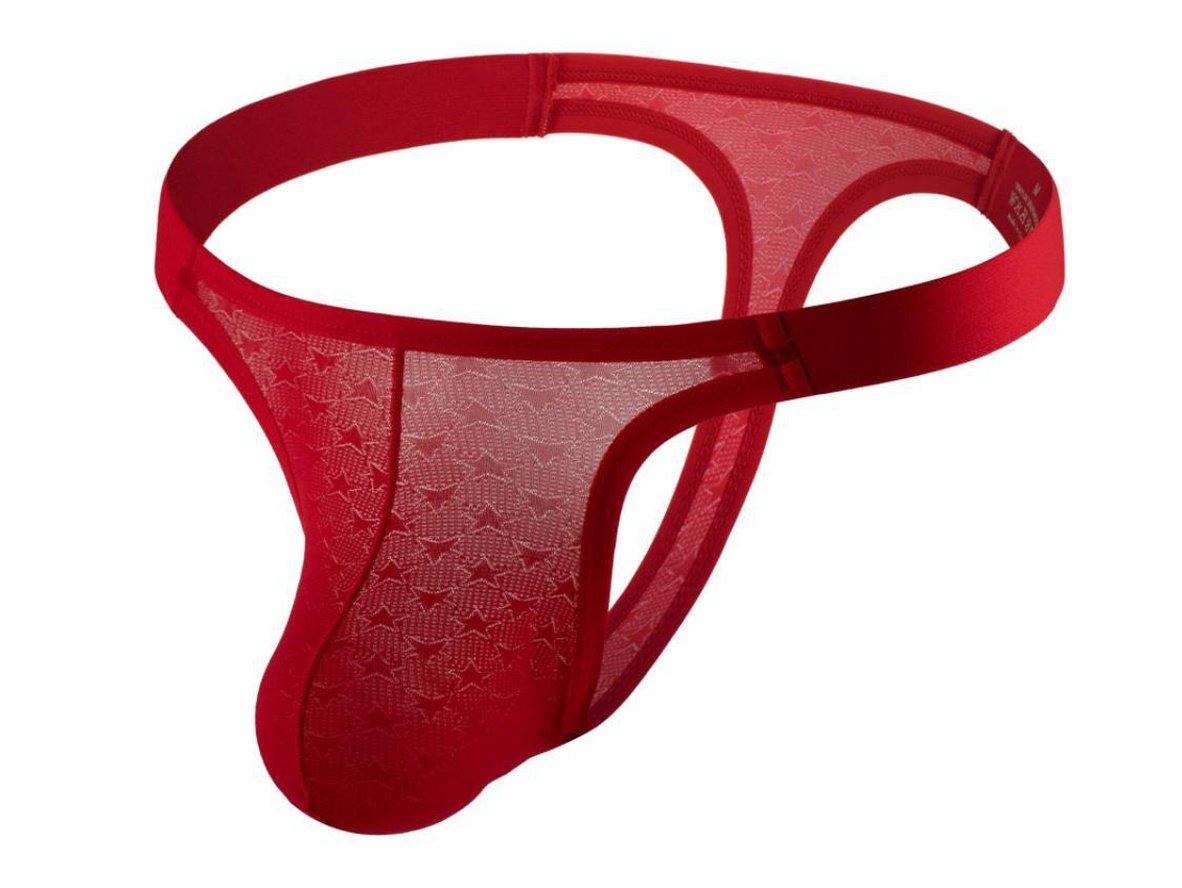 Red star pattern sheer mesh men's thong flat lay