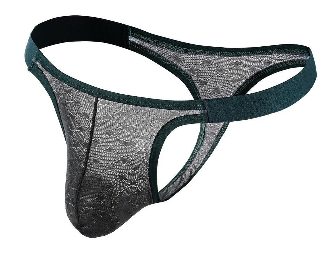 Dark green embossed star mesh men's thong vertical seam