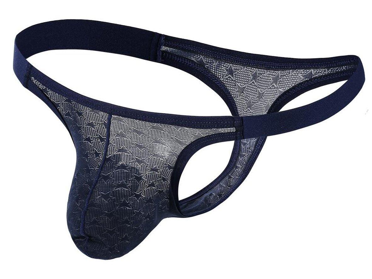 Navy blue star pattern mesh men's thong flat lay