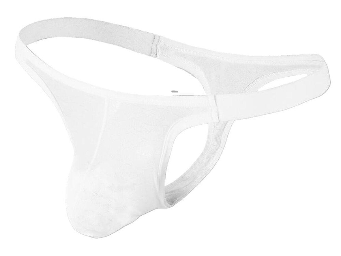White low-rise men's thong with contoured pouch flat lay