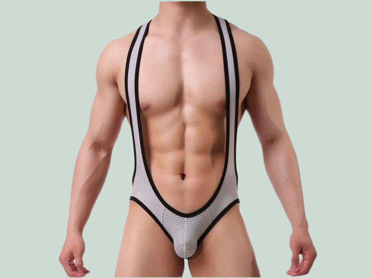 Light gray mesh open butt gay singlet with black trim and natural pose