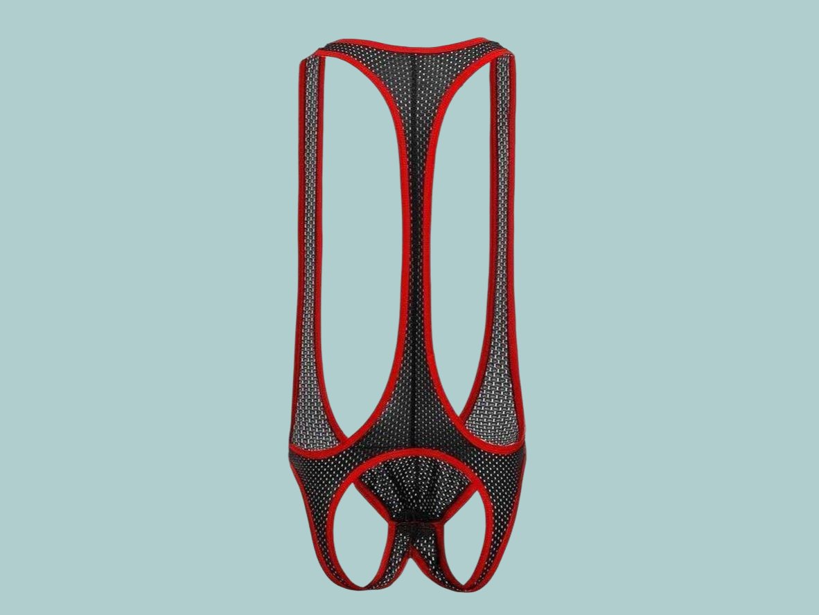 Black mesh open butt gay singlet with red piping and large back cutout