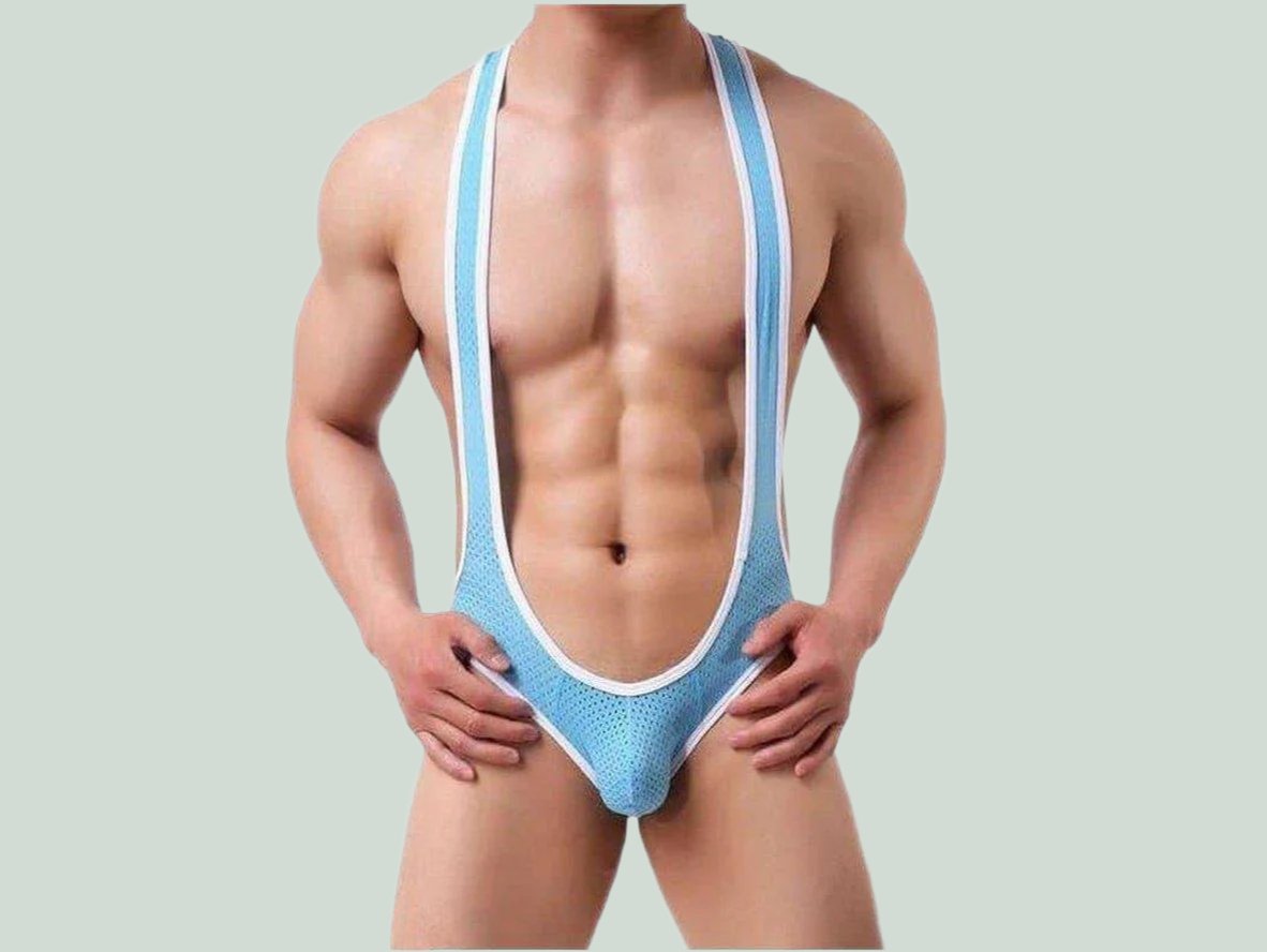 Light blue mesh open butt gay singlet with white trim and deep V-neck