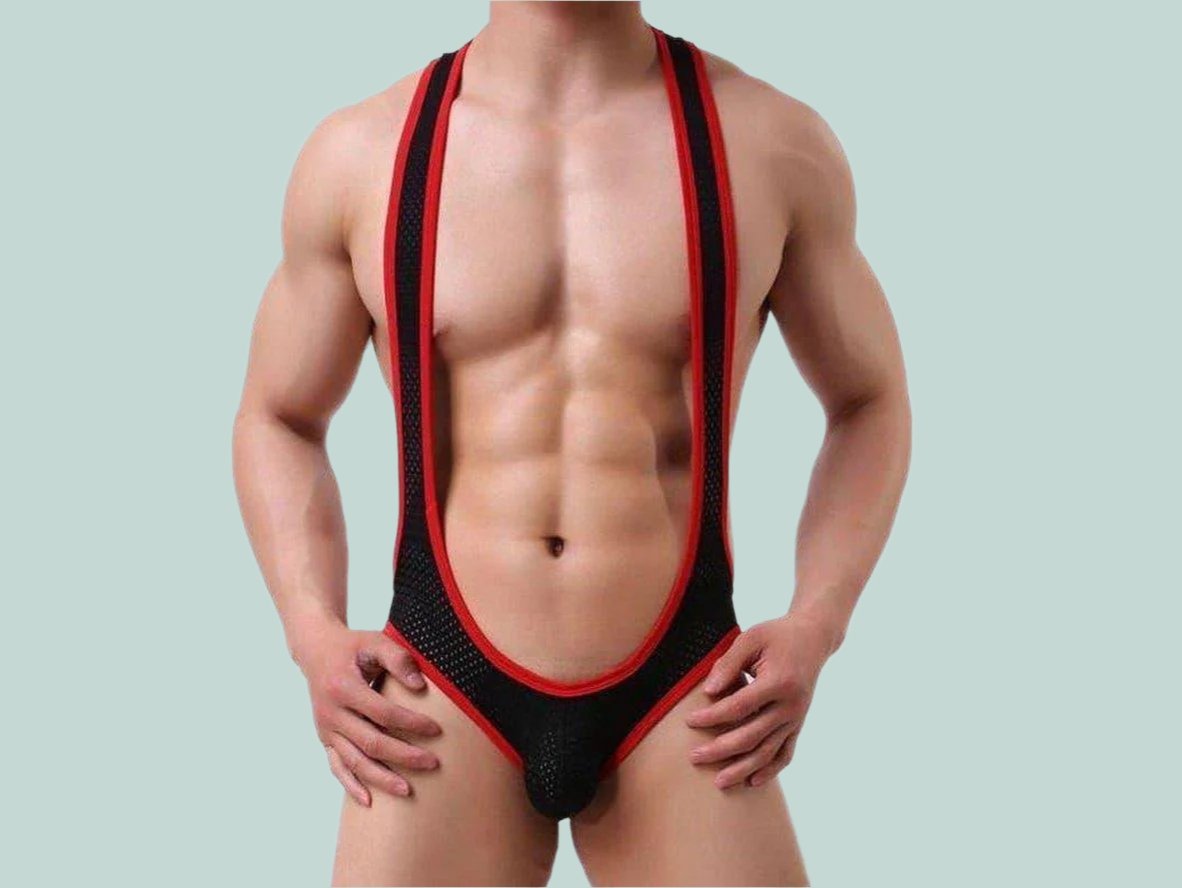 Black mesh open butt gay singlet with red trim showcasing torso fit