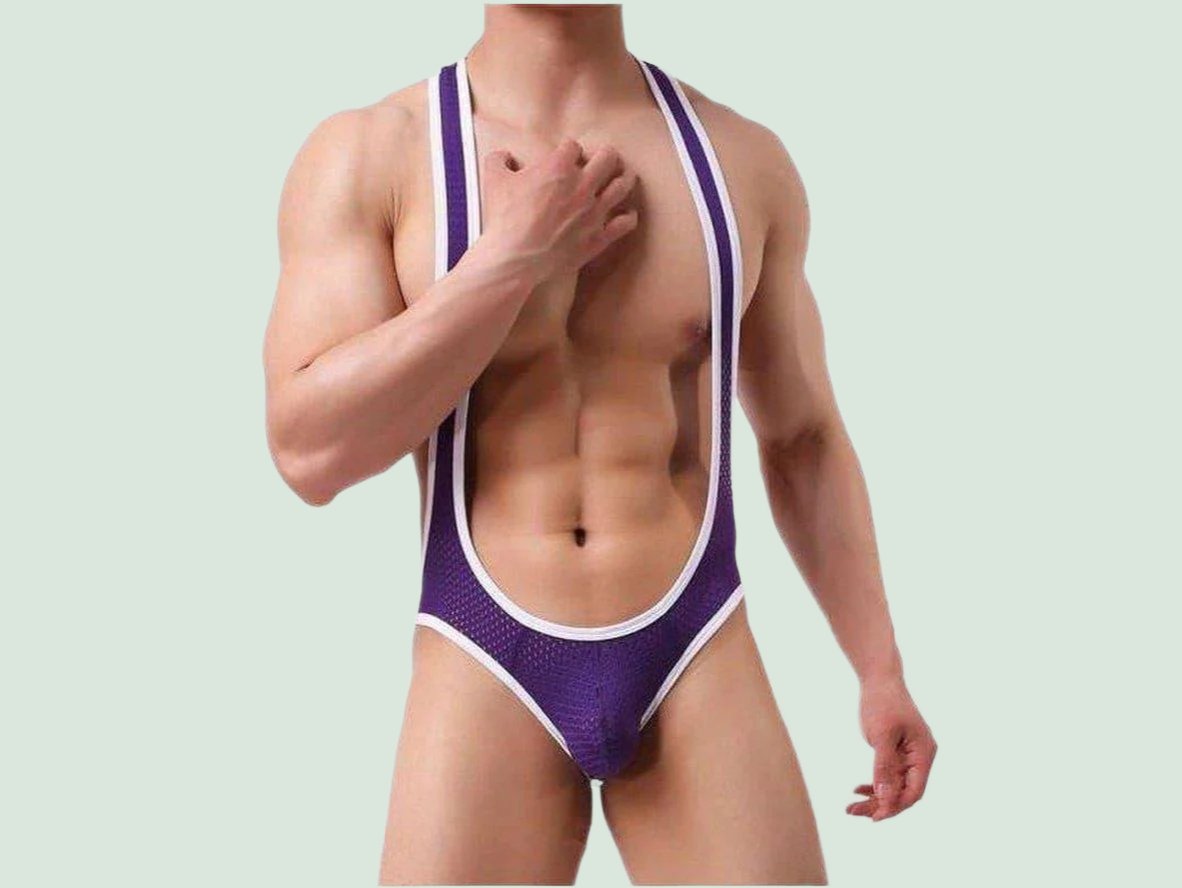 Purple mesh open butt gay singlet with white trim and hand on chest