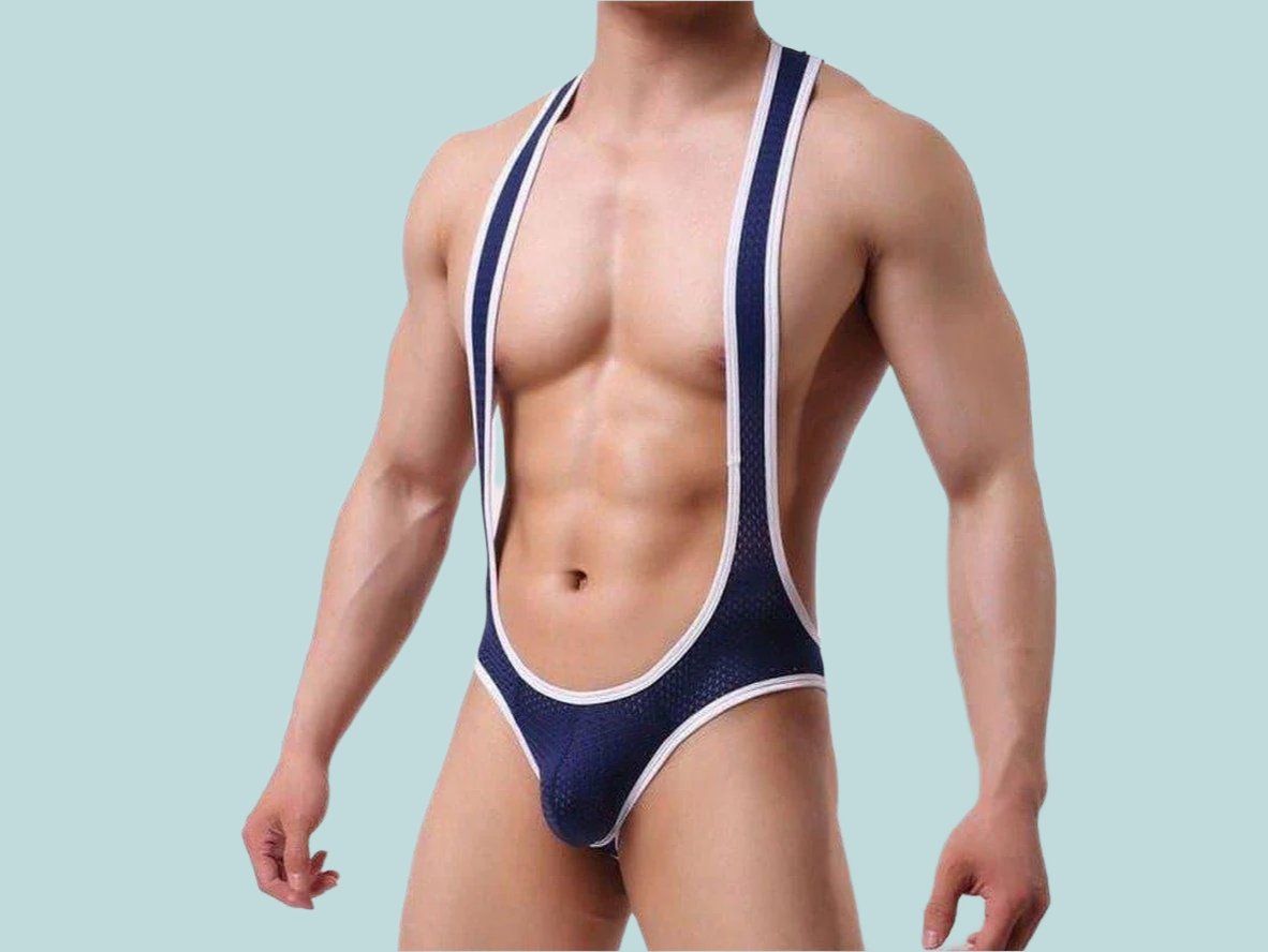 Navy blue mesh open butt gay singlet with white trim and relaxed arms