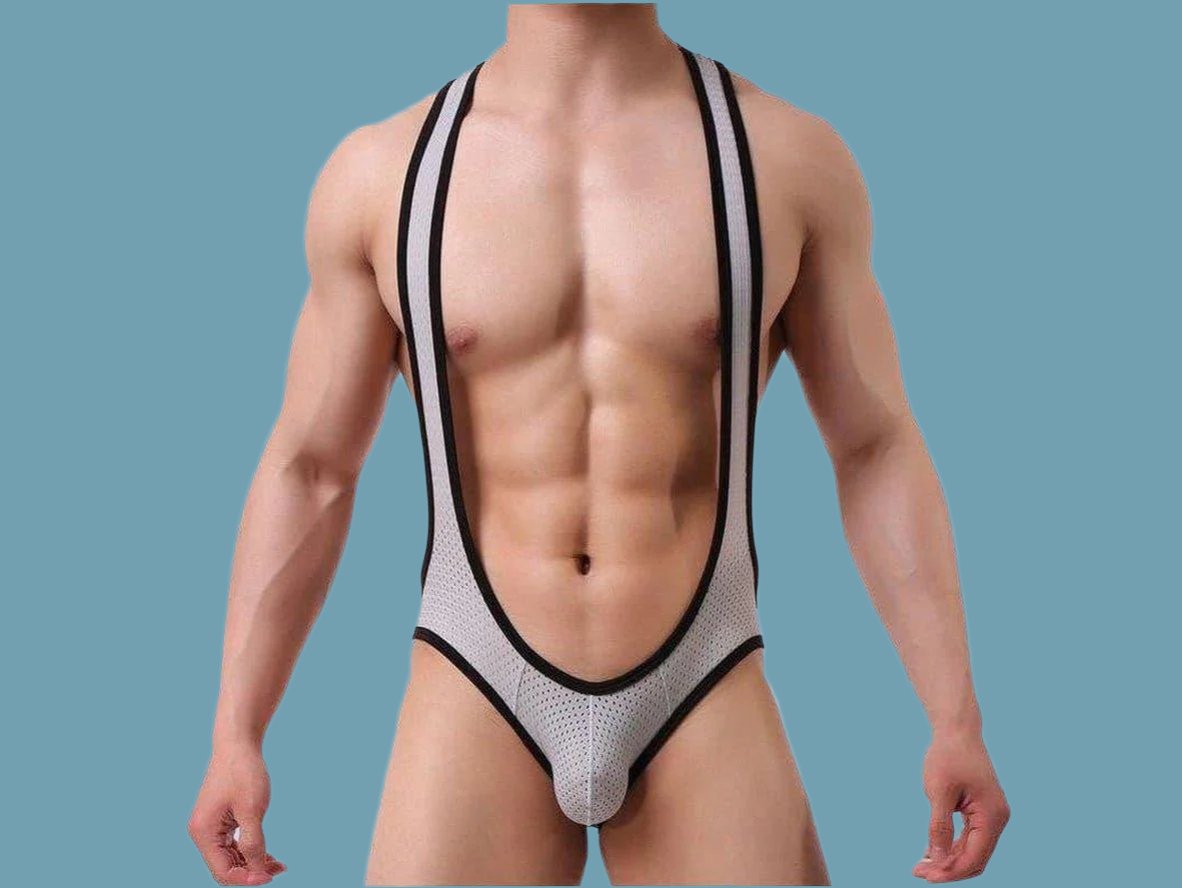 Light gray mesh open butt gay singlet with black trim and deep V-neck