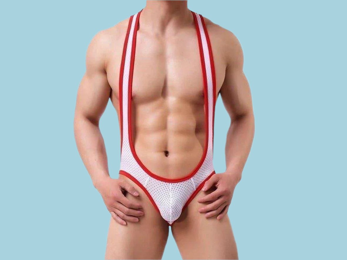 White mesh open butt gay singlet with red trim and jockstrap support