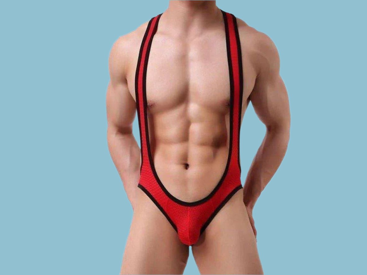 Bright red mesh open butt gay singlet with black trim and crotch support