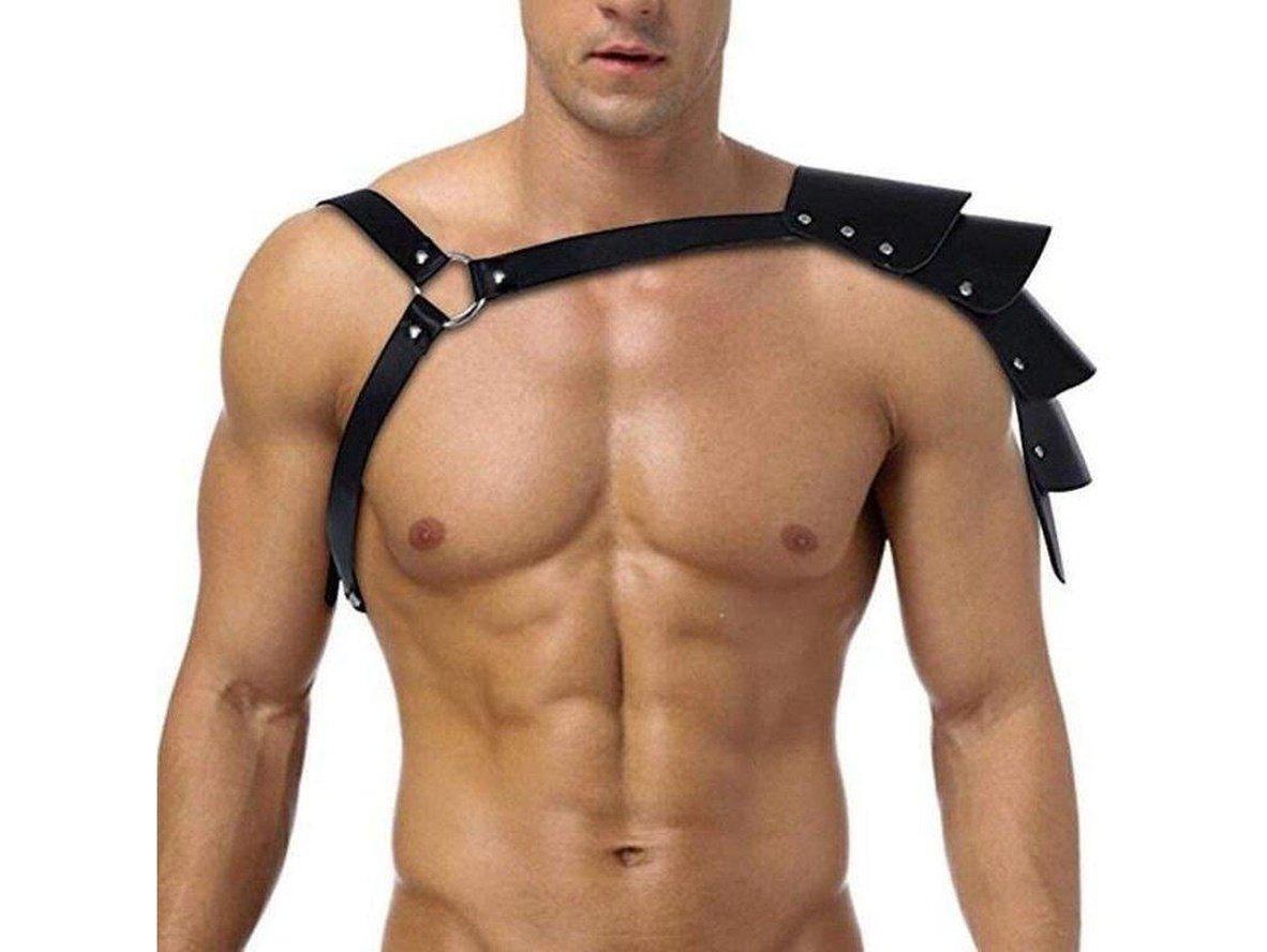 Black faux leather men's chest harness with ruffled shoulder straps and D-ring