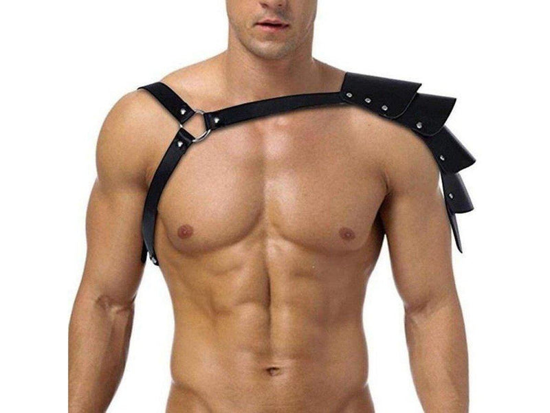 Black faux leather men's chest harness with ruffled shoulder straps and D-ring